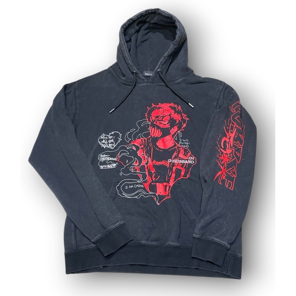 Corpse Husband Miss You Anime Graphic Pullover Hoodie Black Acid Wash Size M